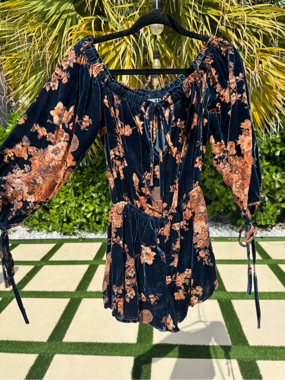 Audrey 3+1 Navy Velvet Tunic with Rust Floral Print ROMPER